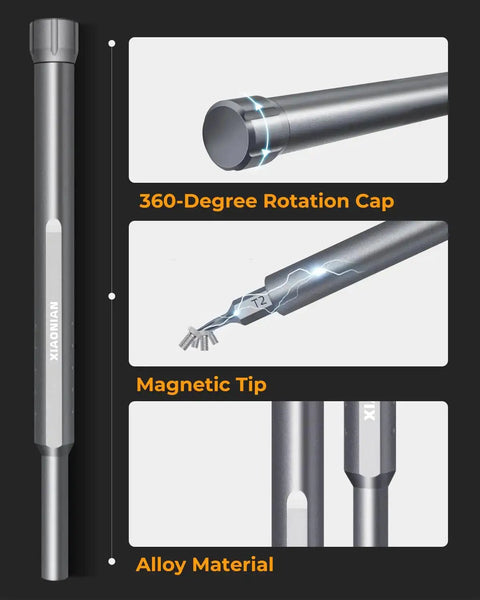Close-up of 71-In-1 Mini Precision Screwdriver Set With 360 Spin showing rotation cap, magnetic tip, and alloy material.