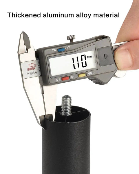 Caliper measuring 6-inch metal cylinder furniture leg thickness with M8 screw, black finish, part of 4 Pack 6 Inch Metal Cylinder Furniture Legs