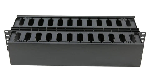 2U Horizontal Double Sided Finger Duct Cable Manager For 19 Inch Rack Mount With 12 Slots On Each Side Lightweight Black Design