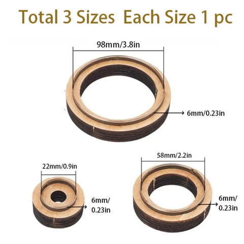 Image showing 3-Piece Round Leather Cutting Die Set With Wooden Base And Japanese Precision Steel Blades, three sizes displayed.