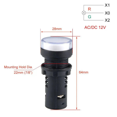 Red Green Dual Color Indicator Light 24 Volt Dual Power, 22mm Panel Mount, High Brightness LED with measurements and wiring diagram.