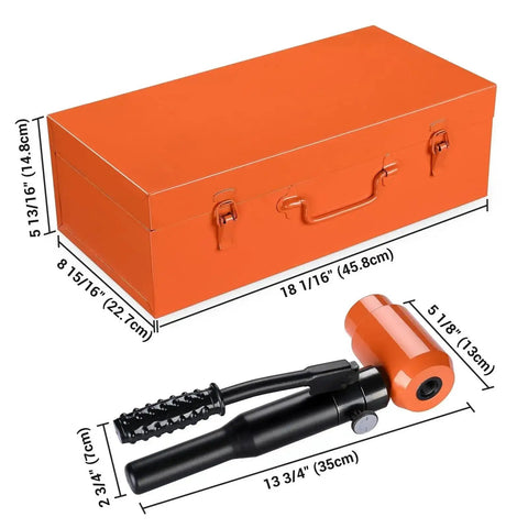 Case and handheld cutter for 15-Ton Hydraulic Knockout Punch Set For Conduit One Half Inch To Four Inch Kit with dimensions.