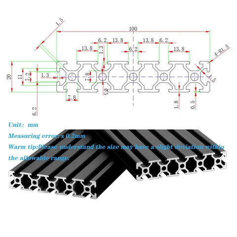 Heavy Duty T Slot Aluminum Extrusion 20 Series For DIY 3D Printer Parts And CNC Projects Black Anodized 1000mm with measurements