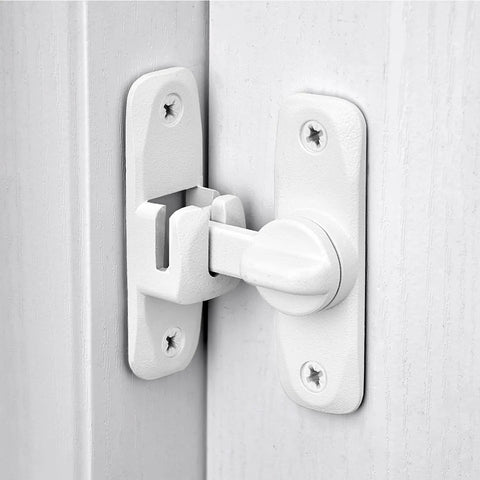 Matte White 90 And 180 Degree Barn Door Latch Zinc Alloy Flip Lock installed on door, showing secure right-angle fit.