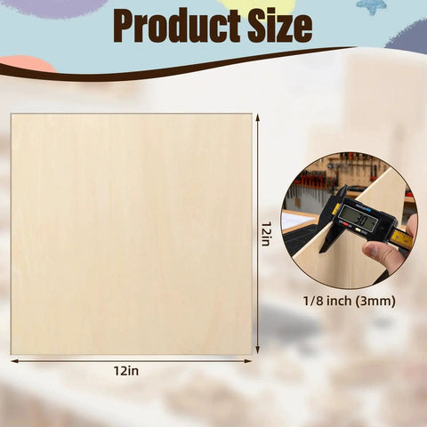 Twelve Pack Basswood Sheets For Go-To Laser Cutting And Engraving, Twelve By Twelve By One Eighth Inch Unfinished Wood dimensions shown