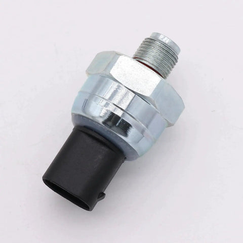 Brake fluid pressure sensor, silver hex-metal body with threaded port and black plastic connector (side view).