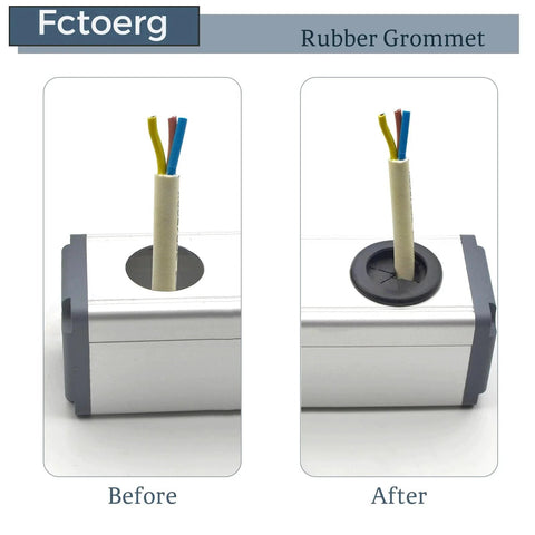 Before and after installation of 2 Inch Rubber Grommets for wiring protection in a metal panel, illustrating sealing effect.