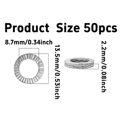 Front and side view: M8 wedge lock washers, manganese steel, 50 pcs; outer 13.5mm, inner 8.7mm, thickness 2.2mm