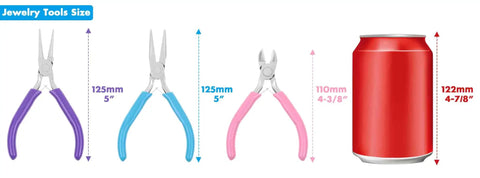 Essential 3 Piece Jewelry Pliers Set for DIY Wire Wrapping and Repairs with Needle Nose, Chain Nose, Round Nose Pliers and Wire Cutter by Shynek size comparison with a soda can.
