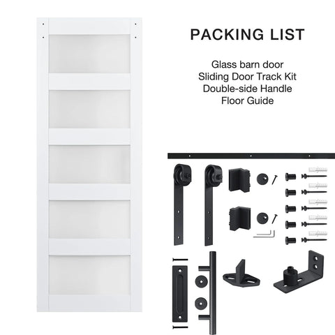 Five Panel Sliding Glass Barn Door Kit With Five Foot Hardware, Waterproof MDF And Frosted Glass For Privacy, shown with hardware