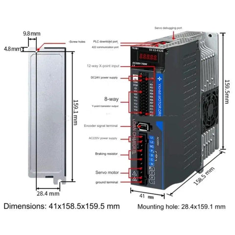 Front and isometric view of Glintique 2-in-1 servo drive PLC module; 12DI 8DO, 220V, 750W, holding brake