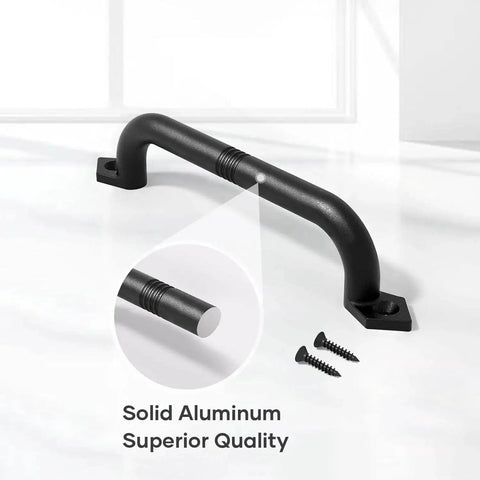 10 Inch Barn Door Pull Handle And Gate Handle In Rustic Black Aluminum For Easy Install on a white background with screws.