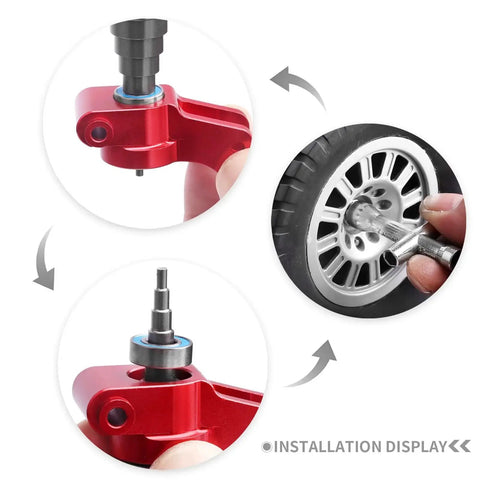 Installation of RC Bearing Driver Puller Set With Bearing Press on RC car wheel, showcasing tool in use.