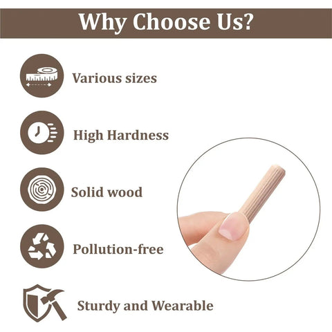 Features of Five Sixteenths Inch Wood Dowel Pins Set With 225 Pieces, highlighting durability and solid wood material.