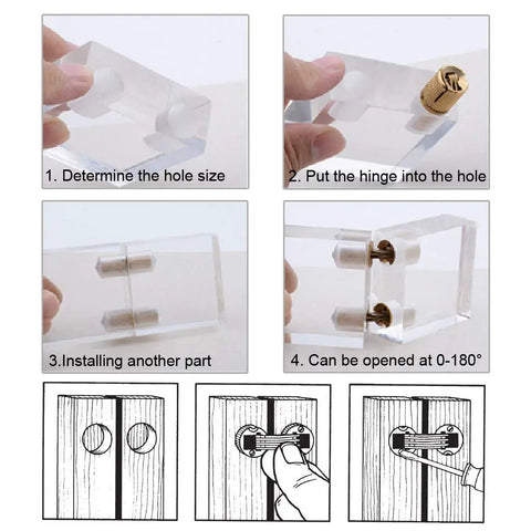 Hidden Brass Barrel Hinges 10mm 4 Pack Concealed Box Hinges For DIYers Jewelry Box And Hand Craft Invisible Cabinet Hinges With 180 Degree Opening Angle Durable Brass Construction For Craft Lovers shown being installed in acrylic block with diagrams.