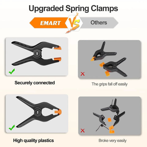 EMART 4.5-inch heavy-duty plastic spring clamp, 12-pack; front view with orange jaws for backdrop and photography