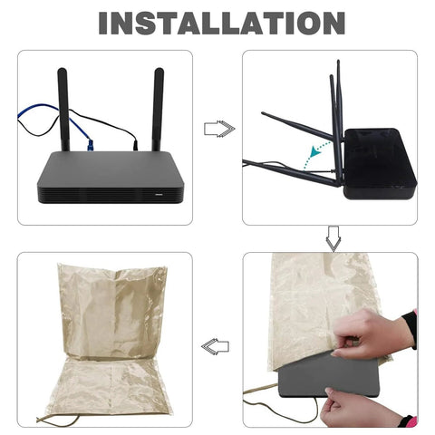 Faraday Box WiFi router cover for EMF protection by Amazon; router with two antennas, shielding foil pouch, installation steps