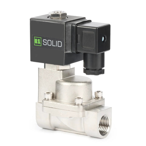 U.S. Solid 1/2-inch stainless steel high-temperature solenoid valve with black 12V DC coil, NC.