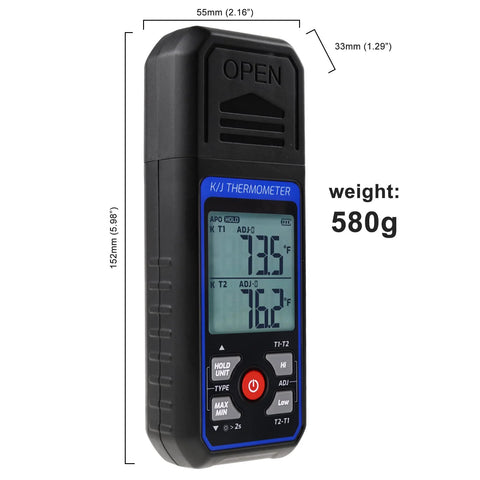 Handheld dual-channel K/J thermocouple thermometer with blue backlit display showing K1/T1 and K2/T2 readings