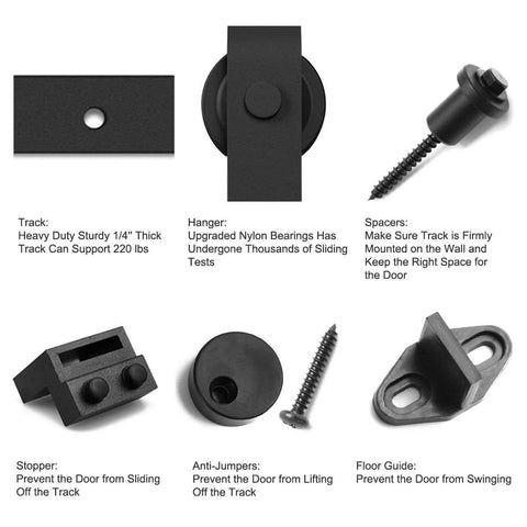 Components of Heavy Duty 5ft Sliding Barn Door Hardware Kit With Track Kit, Pull Handle Set, And Floor Guide, Black Alloy