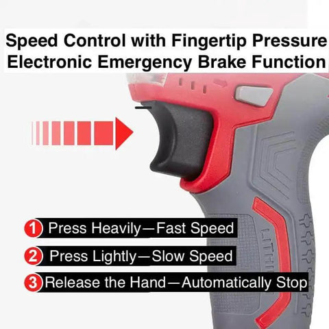 36V Cordless Metal Shear Cutter With Copper Motor heavy duty tin snip speed control close-up showing fingertip pressure brake function.