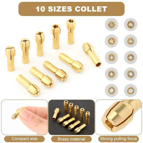 Pro-Grade Rotary Tool Chuck Collet Set with 10 brass collets, 1/32 to 1/8 Inch sizes, compact and durable for precise DIY use
