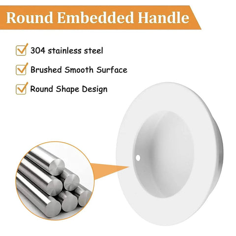 4 Pack White Round Recessed Cabinet Handles 65mm Stainless Steel Sliding Door Pulls with 304 stainless steel design inset