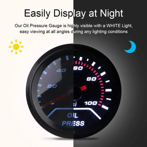 Oil Pressure Gauge Kit 0 To 100 PSI 52mm 2 Inch Illuminated White Backlight Red Needle Black Dial night display