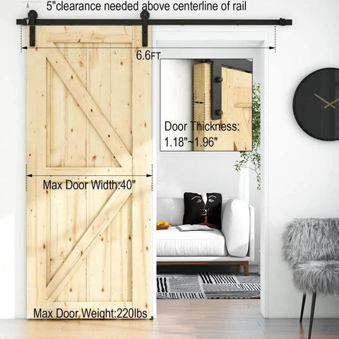 6.6 Foot Sliding Barn Door Hardware Kit For One Wood Door Delivers Smooth Quiet Operation No Sweat Easy Install Fits 35 To 40 Inch Wide And 1.18 To 1.96 Inch Thick Door Panels Includes Step By Step Installation Guide installed on wooden door