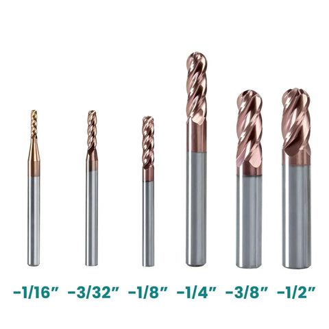 4 Flute TiSiN Coated Ball Nose End Mill 1/16 Inch Cutting Diameter, 1/4 Inch Flute Length, 1/8 Inch Shank, 5 piece milling set