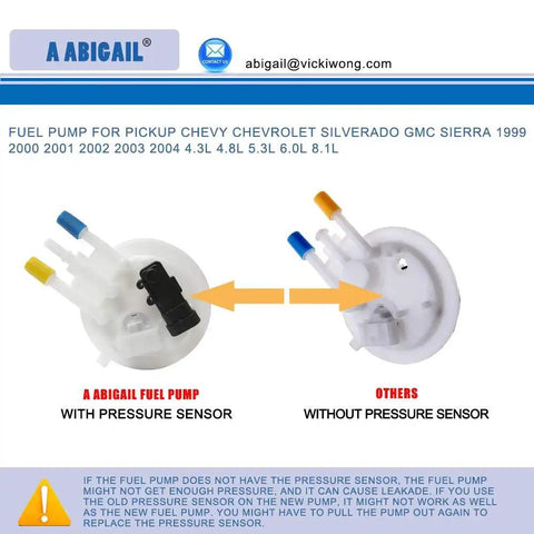 Comparison of heavy duty fuel pump module with sending unit and fuel pressure sensor for Chevy Silverado GMC Sierra 1999-2004