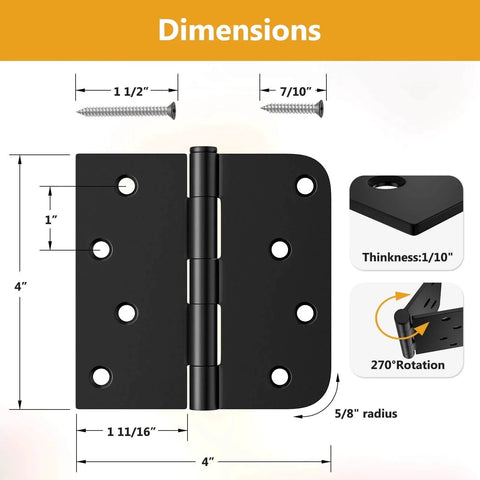 Dimensions of 3 Pack 4 Inch Black Door Hinges With Square And Five Eighths Radius Corners Heavy Duty Exterior Hinges With Removable Pin.