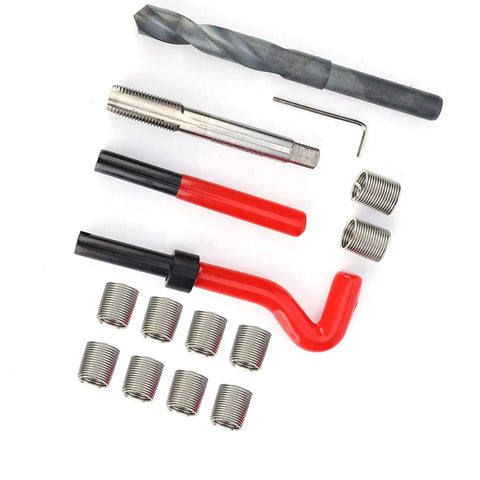 Fifteen Piece Stainless Steel Helicoil Thread Insert Repair Kit M14x1.5 Drill Set for Radiators Automotive Parts Separation Equipment and Heavy Machinery Maintenance, includes drill, tap, and inserts.