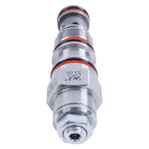 Close-up of Hydraulic Balance Valve CBCG-LDN Compatible for Sun Hydraulics, metal construction with red o-rings, front view.