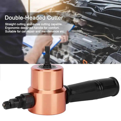 Close-up of Dual Head Sheet Nibbler Power Drill Attachment for Straight and Curve Cutting, with ergonomic handle, used near car engine.
