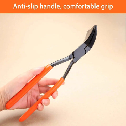 11 Inch Hand Seamer Sheet Metal Tool With 45 Degree Jaws And PVC Handle For Bending And Flattening Sheet Metal In HVAC Roof Work And Auto Body Projects Pro Grade Heavy Duty Pliers For Tight Spaces shown in hand highlighting orange PVC handle.