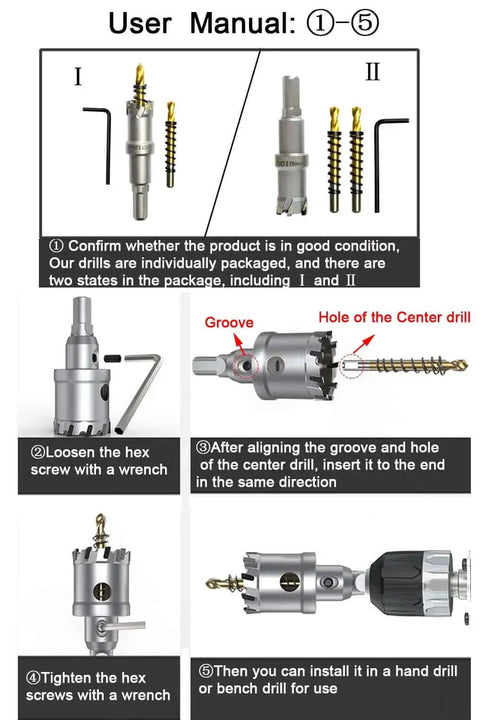 Installation guide for Beefy 3 Inch Tungsten Carbide Tipped Hole Saw Cutter with pilot bits and wrench shown