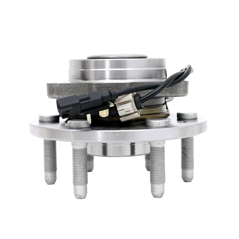 Side view of Front Wheel Bearing Hub Assembly For 2014-2018 Chevy Silverado 1500 4WD, 2015-2020 Tahoe, Suburban, Yukon 4WD, 2014-2018 GMC Sierra 1500 4WD Replacement Heavy-Duty OEM-Grade Wheel Hub Module For Durable Performance showing bolts and wiring