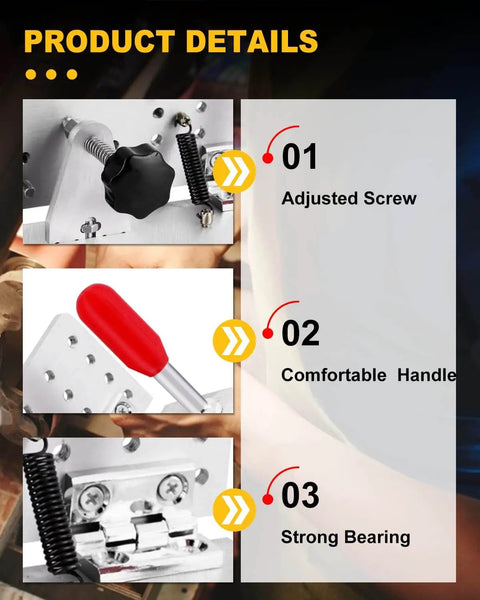 Close-up views of a beveling jig for belt sander knife sharpener with adjusted screw, comfortable handle, and strong bearing.