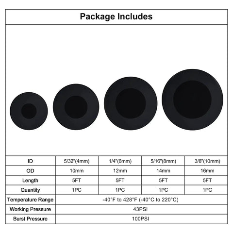 Silicone Vacuum Hose Kit For Car Mods, 5 Ft Each, 4 Pack, Inner Diameters 4mm, 6mm, 8mm, 10mm, Fits 5/32 In, 1/4 In, 5/16 In, 3/8 In Lines chart