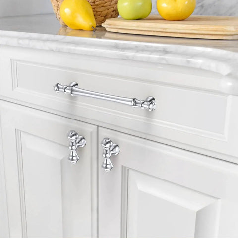 10 Pack 5 Inch Polished Chrome Kitchen Cabinet Handles And Drawer Pulls Set, 128mm Length, installed on white cupboard