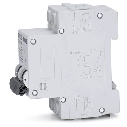 Side view of 32 Amp AC Miniature Circuit Breaker, 2 Pole DIN Rail Mount, Thermal Magnetic Trip, 120V 240V, Solar Disconnect Switch MCB C32.