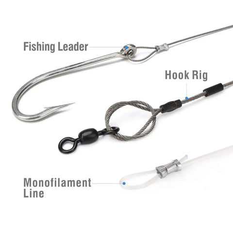 Fishing leader, hook rig, and monofilament line assembly using Heavy Duty Wire Rope Crimping Tool Kit With Swager And Cutter.
