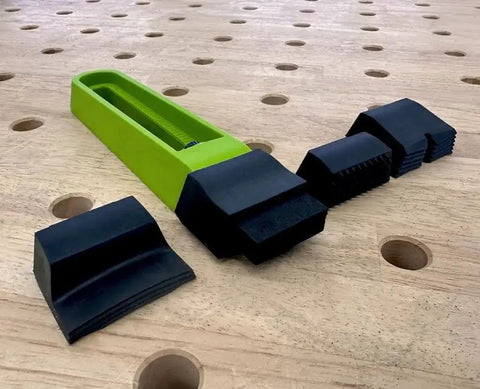 Low Profile Clamp Kit For CNC Machines MFT Tables Dog Tables T Track Tables And Work Benches on perforated wooden surface