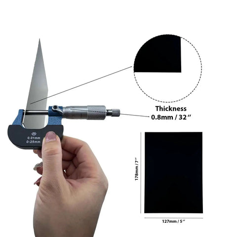 Measuring tool checks thickness of Premium Black Anodized Aluminum Sheets 5x7 Inch One Thirty Second Inch 0.8mm Corrosion Resistant Plates