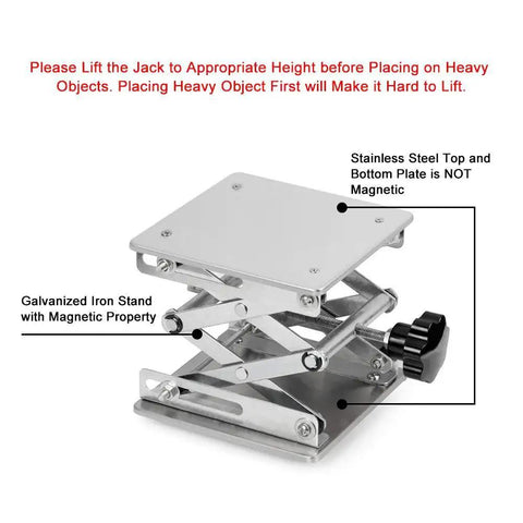 6x6 Inch Lab Scissor Jack, Stainless Steel Lift Stand, 75-260mm, 10kg, side view showing scissor mechanism and adjustment knob