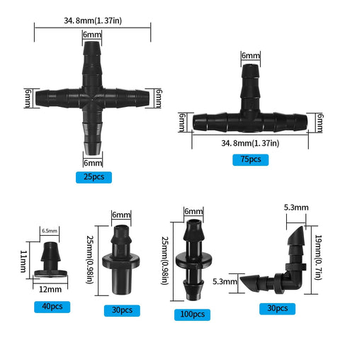 300-pc black plastic irrigation fittings kit with barbed tees, elbows, end plugs, 4-way couplings, and straight barbs (Amazon).