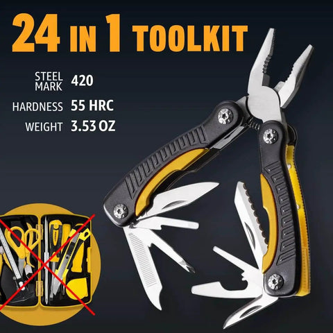 24-in-1 multitool with pliers, knife, saw, wire cutter in a compact design, steel mark 420, on a dark background.