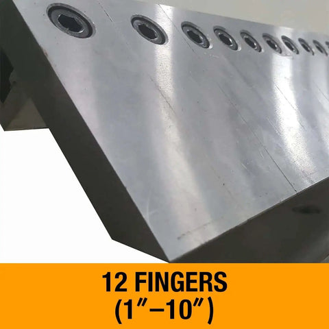 Close-up of 12 fingers on the 50 Inch Box And Pan Brake for 14 Gauge Mild Steel, highlighting adjustable features for precise bends.