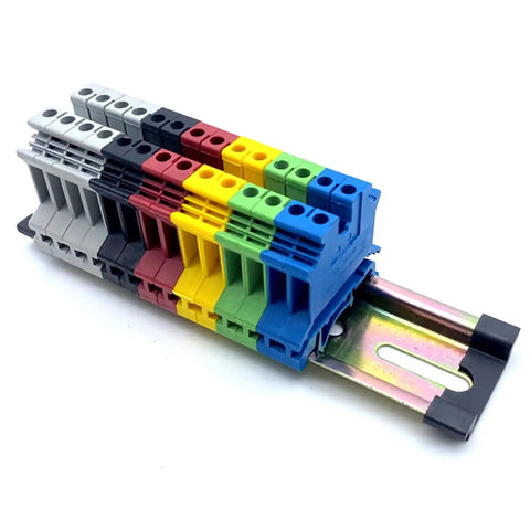 DIN Rail End Cap Protectors Set, 20 Pieces For 35mm Wide NS Rails installed with colorful terminal blocks
